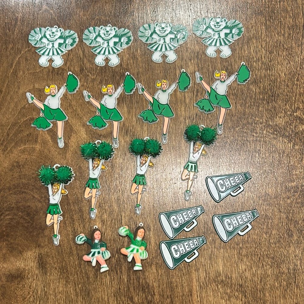 Homecoming Variety White & Green CHEER  charms / trinkets (18) mums & Garters